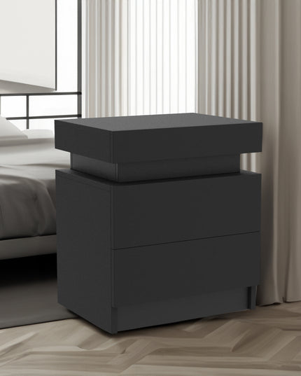Modern Black LED Nightstand with Led Lights Bedside table with 2 High Gloss Drawers for Bedroom