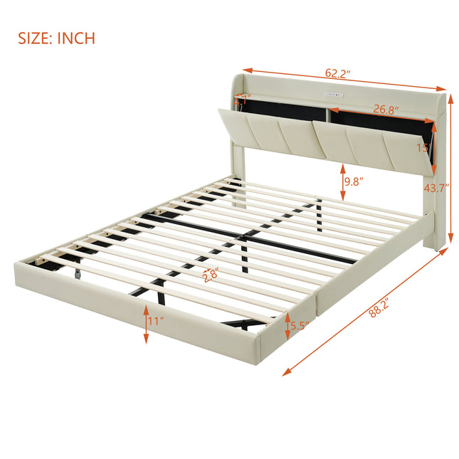Large Floating Bed Frame with Storage Headboard – Touch Sensor Night Light and USB Charger, Padded Platform Bed, Beige