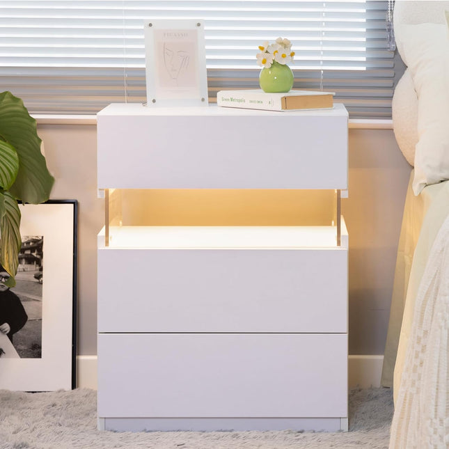 LED bedside table, bedroom, three drawers, dressing table, acrylic board, bedside furniture (white) White Portable