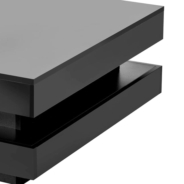 ON-TREND High Gloss Minimalist Design 2-Tier Square Coffee Table with LED Lights – Black