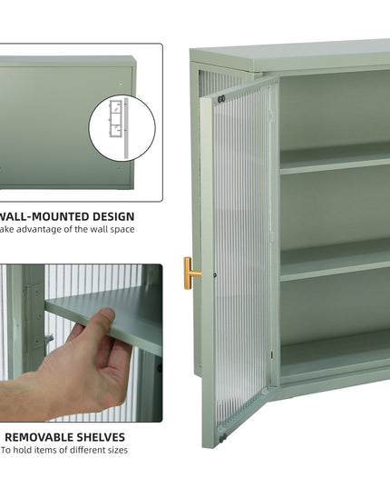 Retro Style Haze Double Glass Door Wall Cabinet With Detachable Shelves for Office Dining Room Living Room Kitchen
