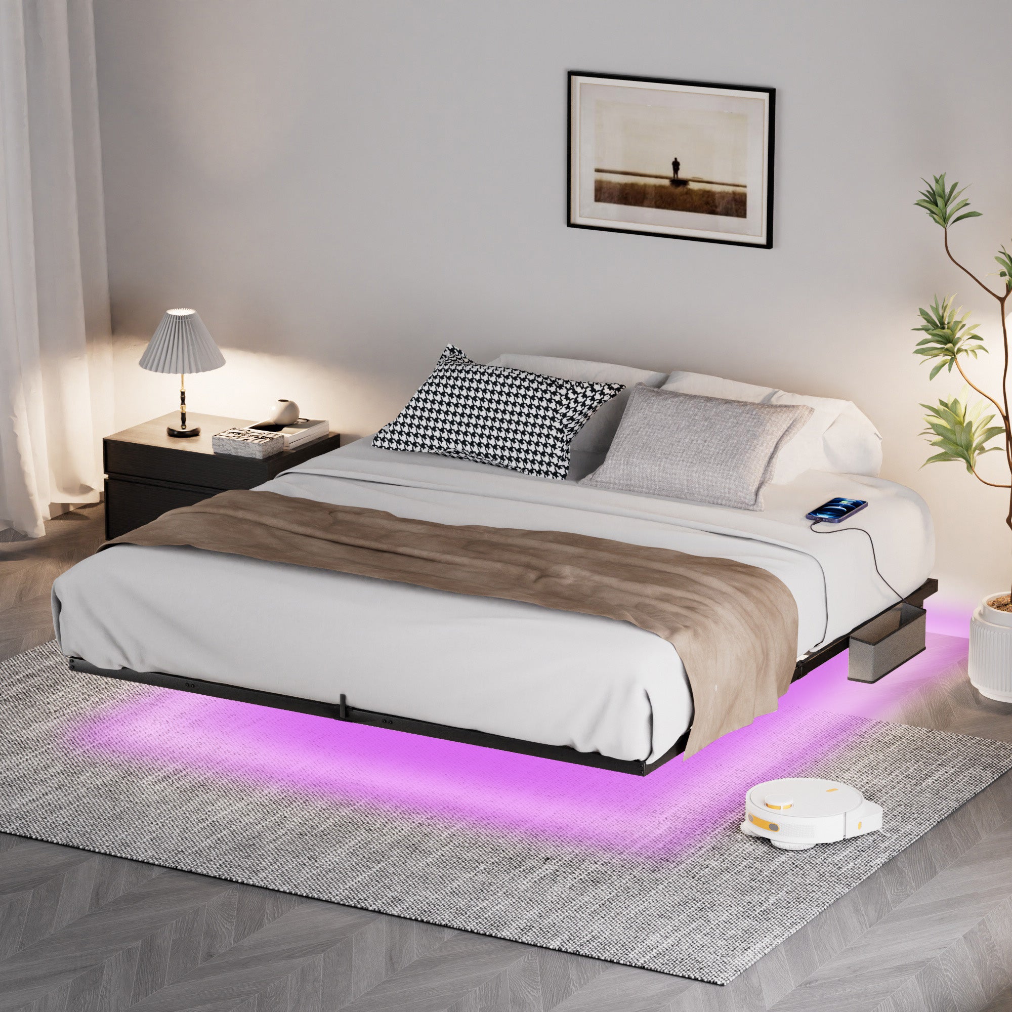 Letto King Size Sospeso LED e Ricarica