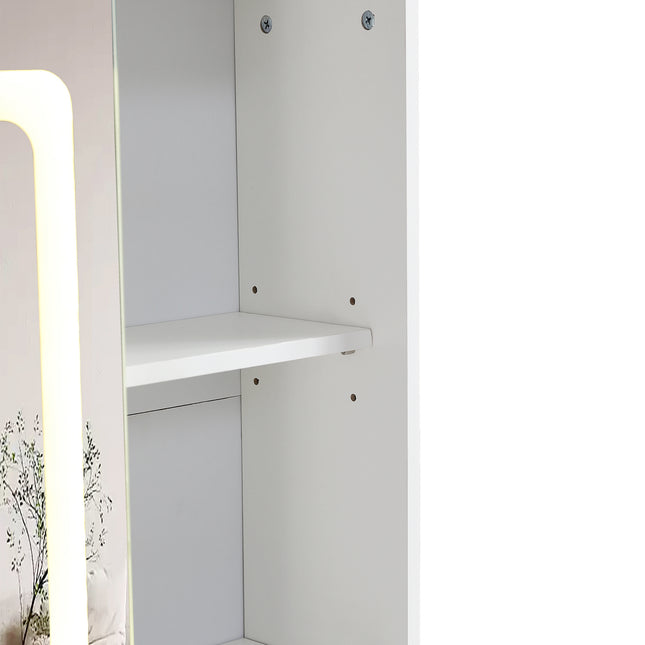 Vanity table with large sliding lighted mirror dressing table with 2 drawers storage shelves and upholstered stool white color