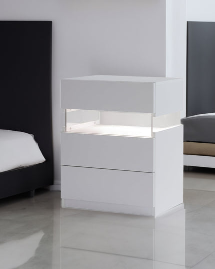 LED bedside table, bedroom, three drawers, dressing table, acrylic board, bedside furniture (white)