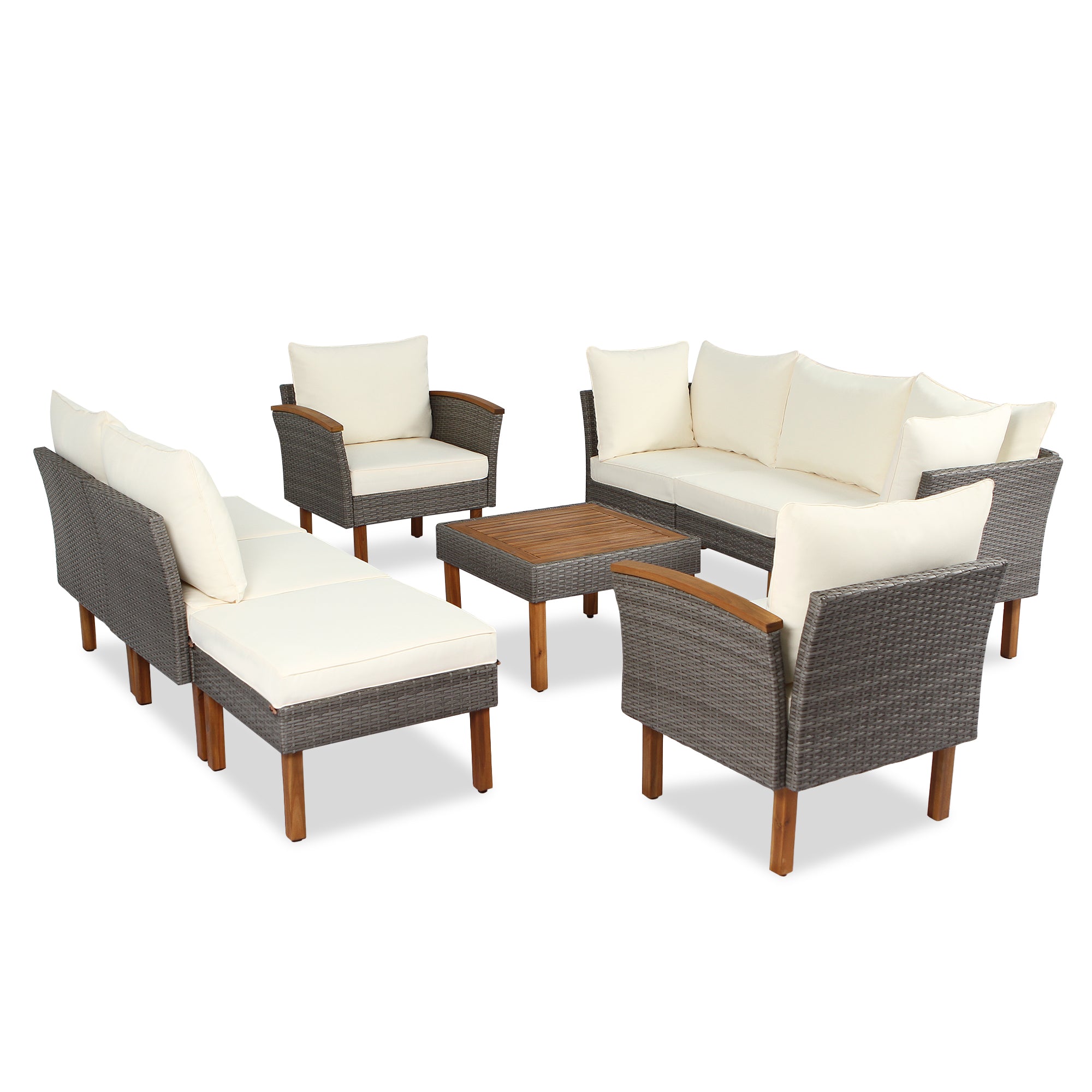 Set Patio Rattan 9 Pezzi Beige Acacia