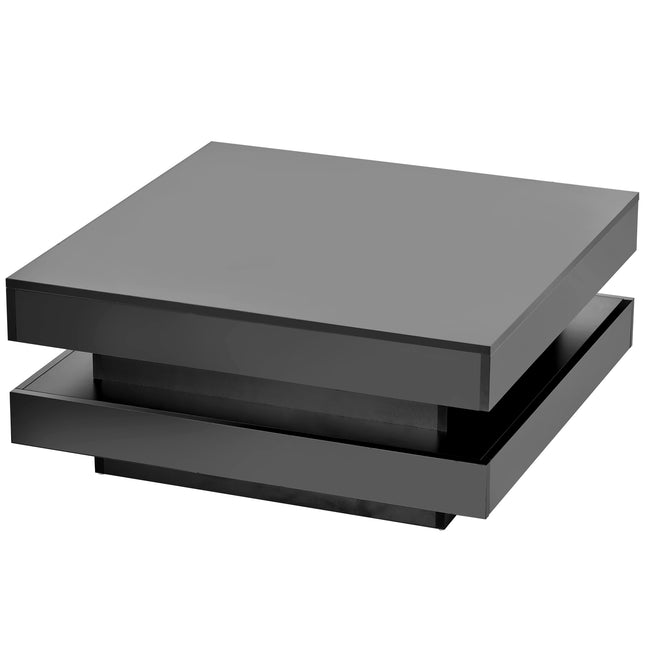 ON-TREND High Gloss Minimalist Design 2-Tier Square Coffee Table with LED Lights – Black