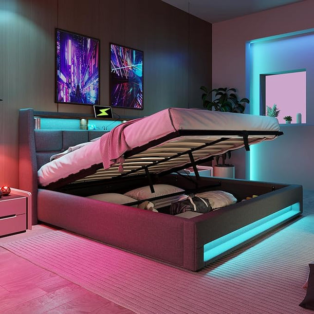 Double Bed with Storage Space and Slatted Frame, LED Headboard with USB Charging, Backrest, Bed Frame, Linen (Grey, 180 x 200 cm)