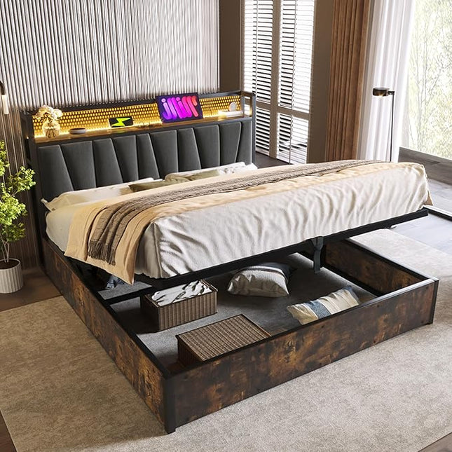 Hydraulic Double Bed 180x200 cm with Storage, LED Headboard & USB, Grey Linen, Slatted Frame (Without Mattress)
