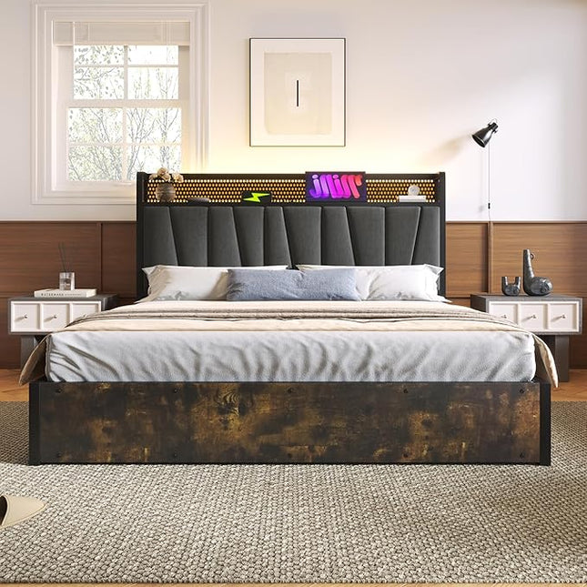Hydraulic Double Bed 180x200 cm with Storage, LED Headboard & USB, Grey Linen, Slatted Frame (Without Mattress)