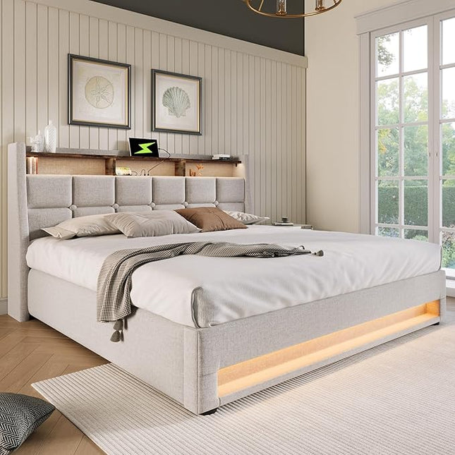 Double Bed with Storage Space and Slatted Frame, LED Headboard with USB Charging, Backrest, Bed Frame(Beige, 180 x 200 cm)