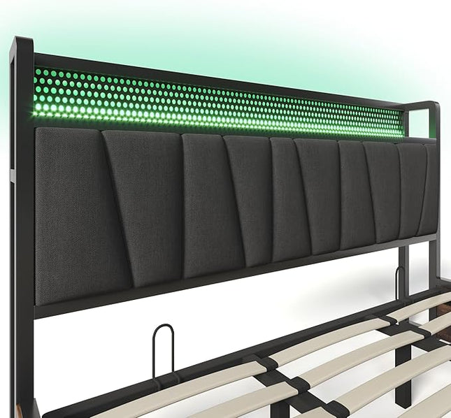 Hydraulic Double Bed 180x200 cm with Storage, LED Headboard & USB, Grey Linen, Slatted Frame (Without Mattress)