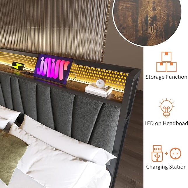 Hydraulic Double Bed 180x200 cm with Storage, LED Headboard & USB, Grey Linen, Slatted Frame (Without Mattress)