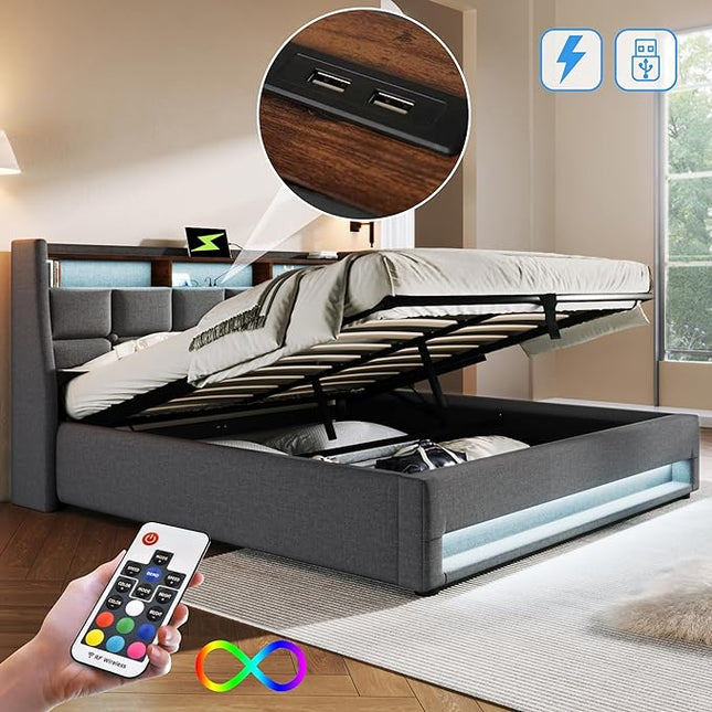 Double Bed with Storage Space and Slatted Frame, LED Headboard with USB Charging, Backrest, Bed Frame, Linen (Grey, 180 x 200 cm)