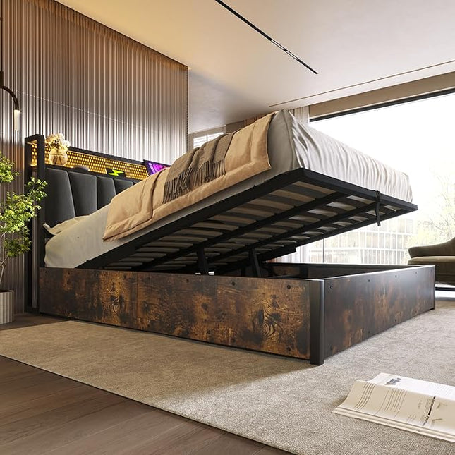 Hydraulic Double Bed 180x200 cm with Storage, LED Headboard & USB, Grey Linen, Slatted Frame (Without Mattress) Twin Double