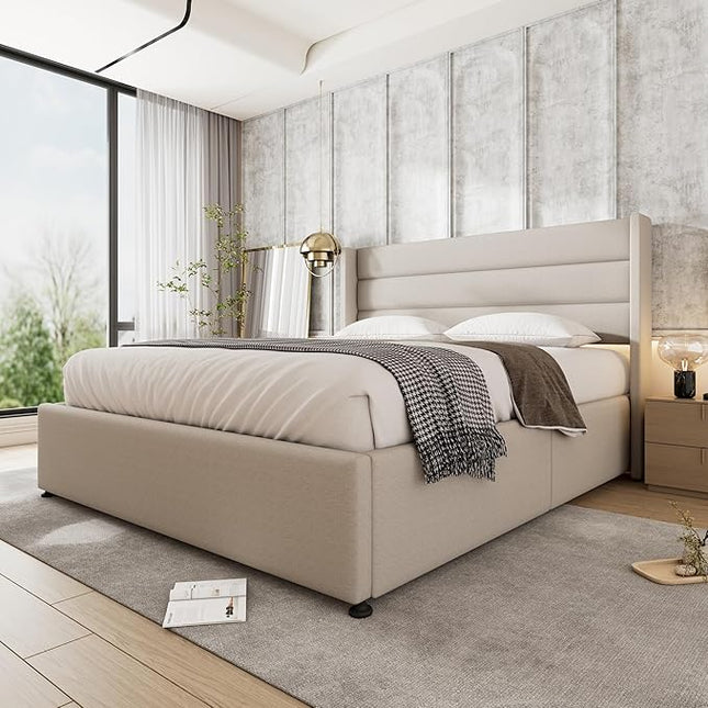 Purified Storage Bed, Upholstered Bed, Hydraulic Double Bed, 180 x 200 cm, Wooden Slatted Frame, Bed with Metal Frame, Linen (Beige, 180 x 200 cm)