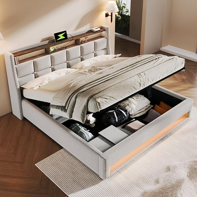 Double Bed with Storage Space and Slatted Frame, LED Headboard with USB Charging, Backrest, Bed Frame(Beige, 180 x 200 cm) Beige Double