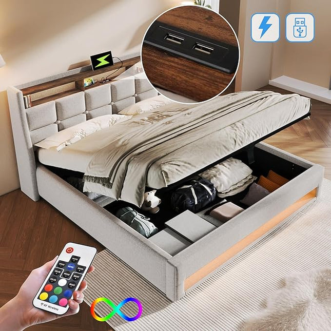 Double Bed with Storage Space and Slatted Frame, LED Headboard with USB Charging, Backrest, Bed Frame(Beige, 180 x 200 cm)