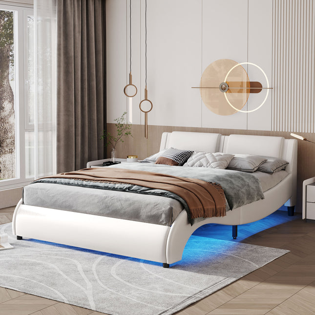 Queen Size Upholstered Faux Leather Platform Bed with LED Light Bed Frame with Slatted - White Default Title