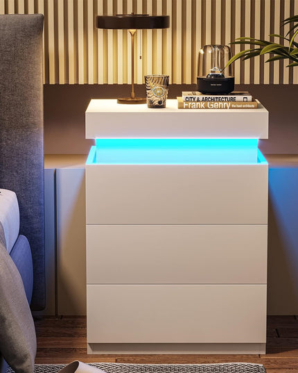 LED White Nightstand With 3 Drawers, Modern Multi-Colour LED Night Table Bedside Tables for Bedroom, Living Room LED Particle board White