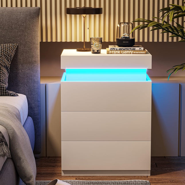 LED White Nightstand With 3 Drawers, Modern Multi-Colour LED Night Table Bedside Tables for Bedroom, Living Room LED Particle board White
