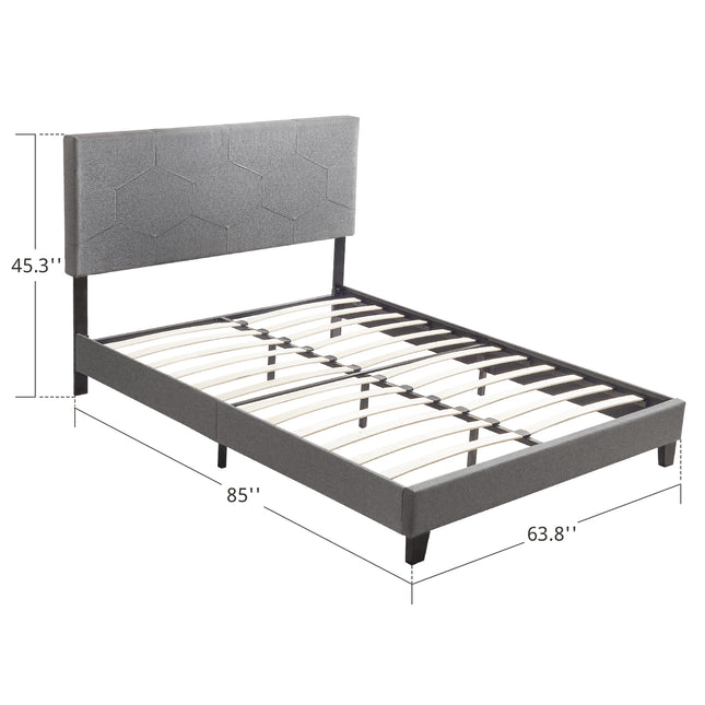 Queen Size Upholstered Platform Bed Frame with Wood Slat Support – Easy Assembly, Grey