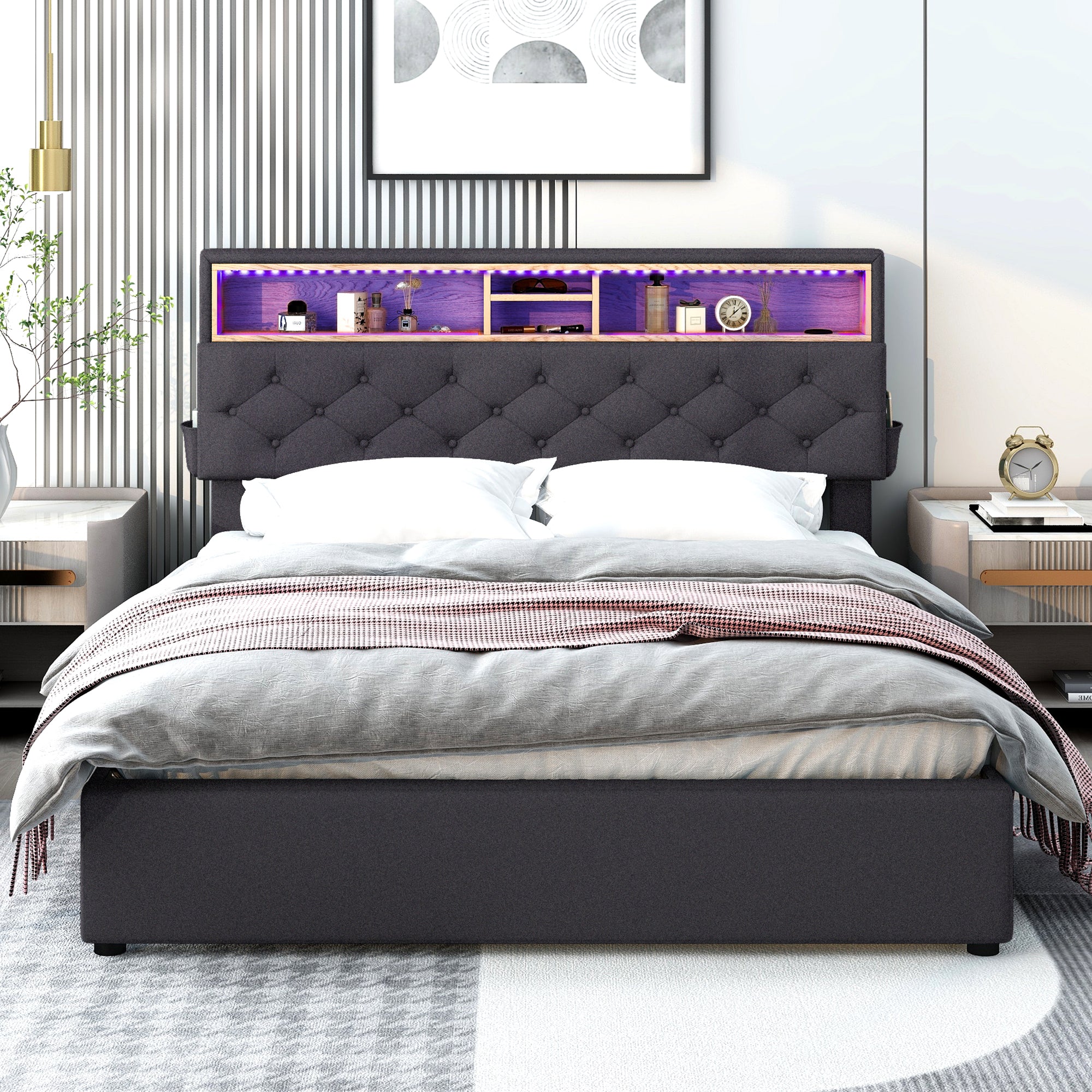 Letto Queen con LED e Ricarica USB Grigio Scuro