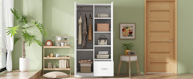 Wooden Wardrobe with Double Doors, Armoire with Hanging Rod, 5 Fixed Shelves, One Storage Drawer, White