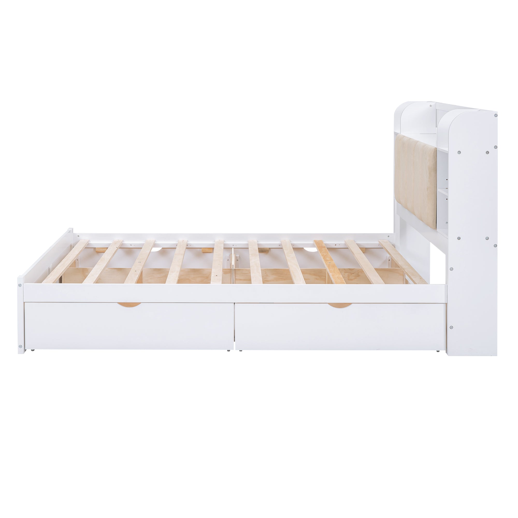 Letto Matrimoniale in Legno con Testiera Contenitore, Ripiani e 4 Cassetti - Bianco
