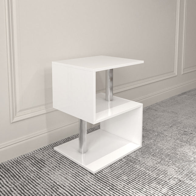 3-Layer S-Shaped Coffee Table – High Gloss Side Table with Open Storage Rack and USB Power Supply, White LED Coffee Table