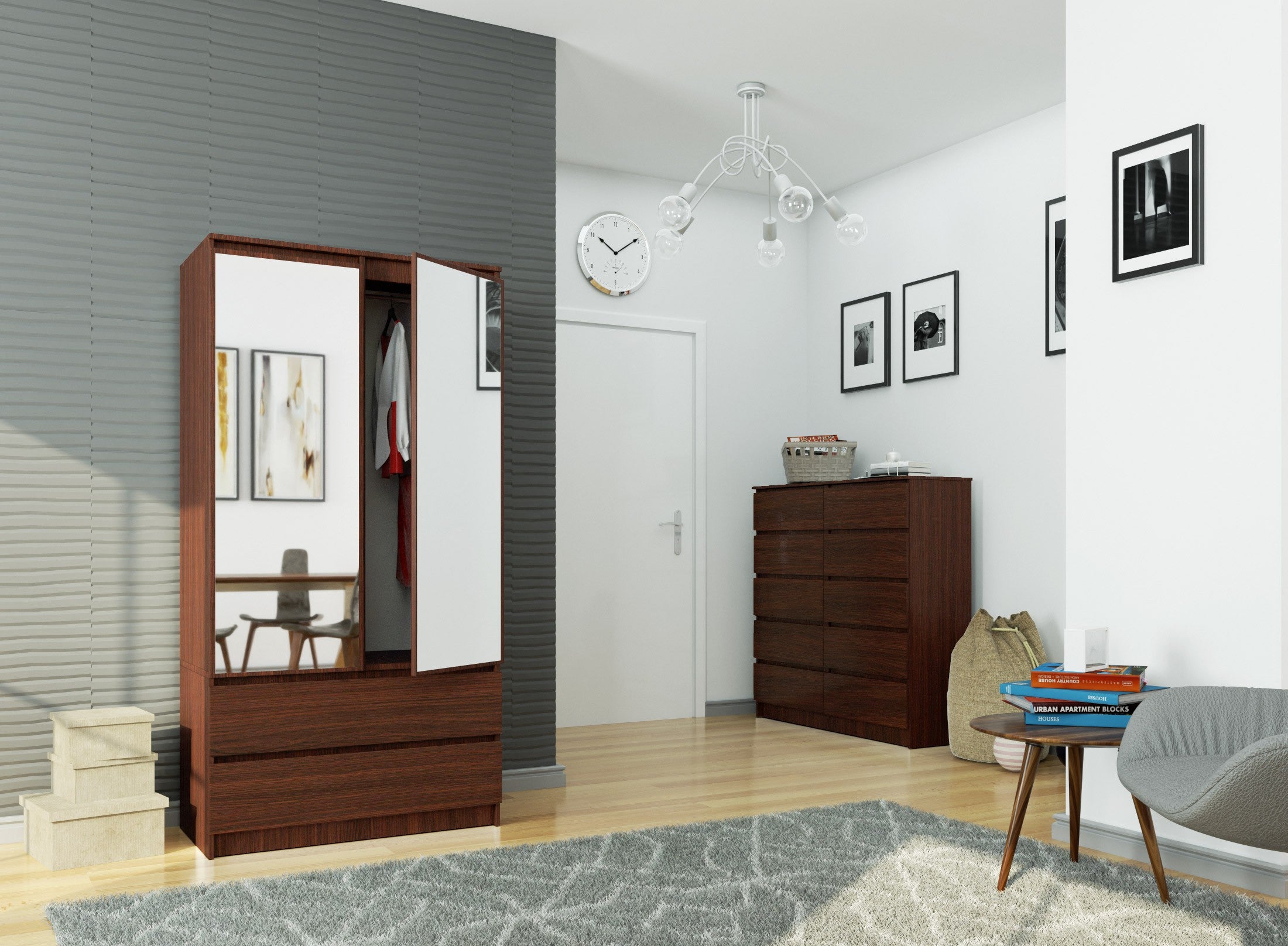Armadio S 90 cm 2 Ante Specchio 2 Cassetti — Wenge