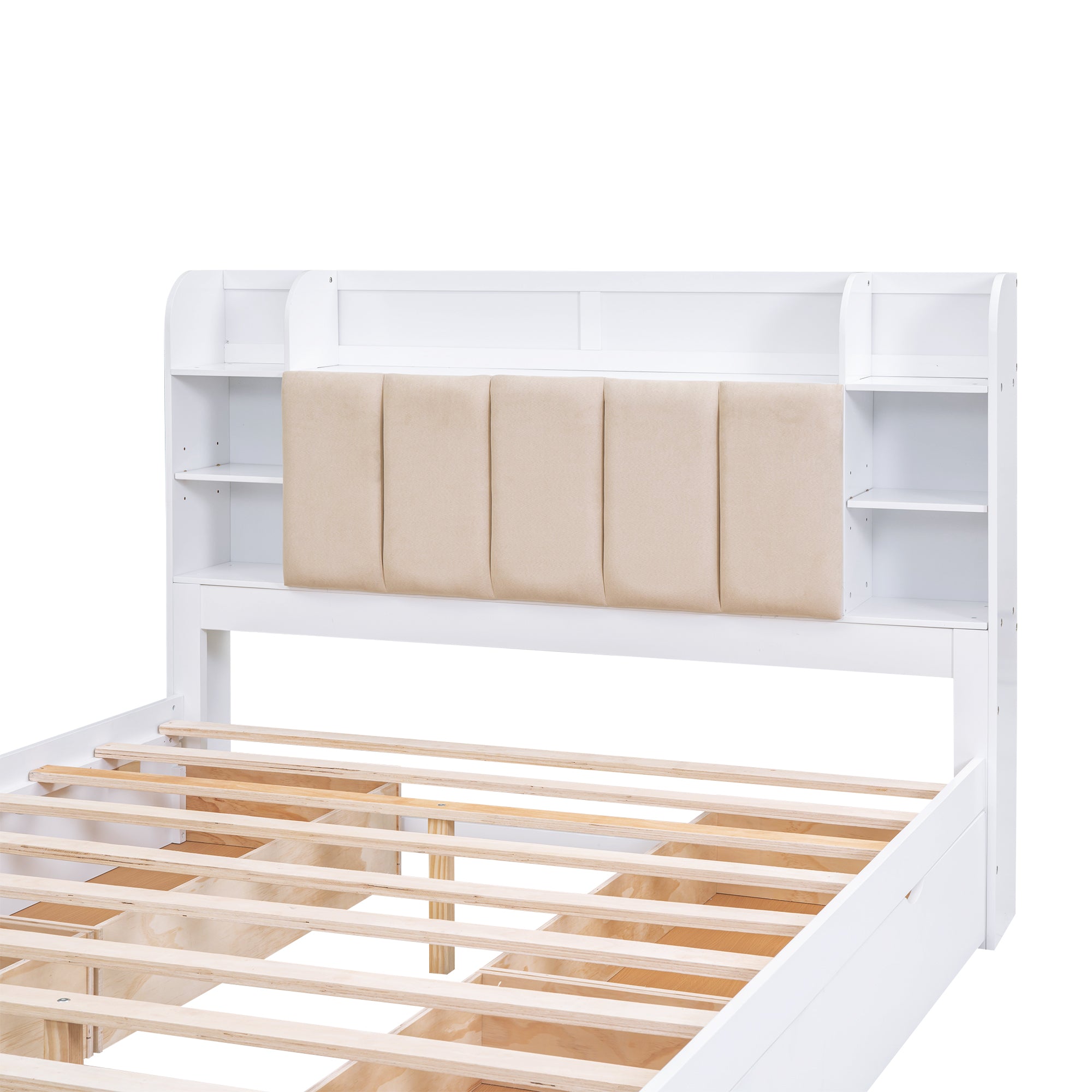 Letto Matrimoniale in Legno con Testiera Contenitore, Ripiani e 4 Cassetti - Bianco