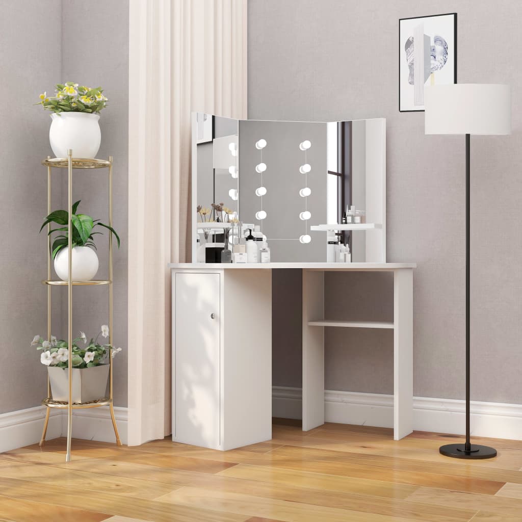 NNEVL Corner Dressing Table Make-up Table with LED Light White-0