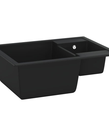 Lavello da Cucina Doppio con Foro Troppopieno Nero in Granito
