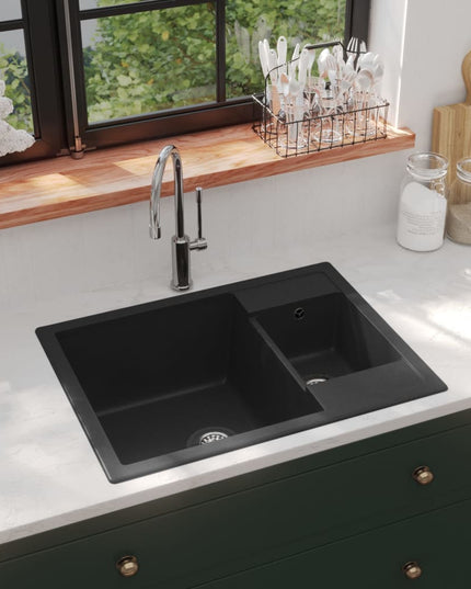 Lavello da Cucina Doppio con Foro Troppopieno Nero in Granito