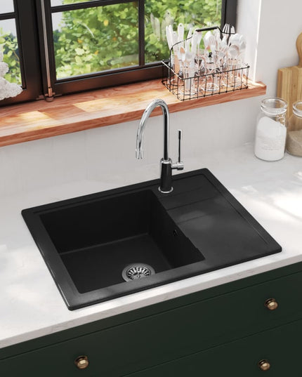 Lavello da Cucina con Foro Troppopieno Ovale Nero in Granito