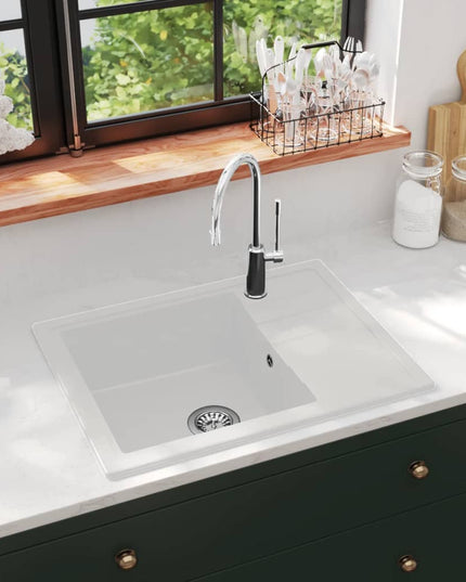 Lavello da Cucina con Foro Troppopieno Ovale Bianco in Granito