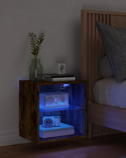 Comodino con Luci LED a Parete Rovere Fumo