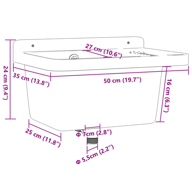 Lavabo a Parete Grigio 50x35x24 cm in Resina