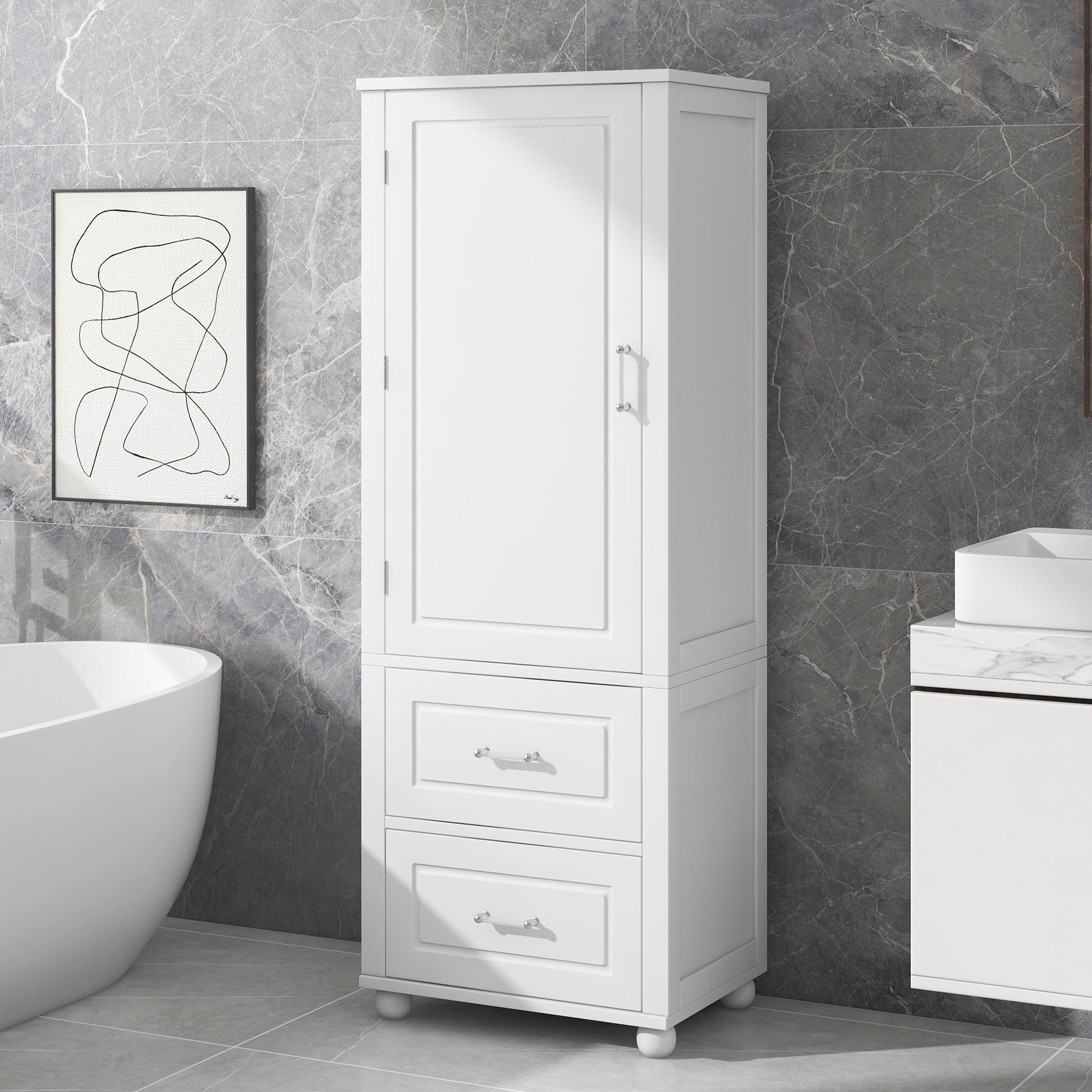Armadietto Bagno Alto con Cassetti e Ripiano Regolabile