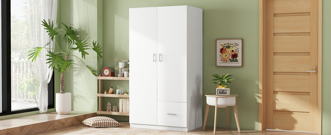 Wooden Wardrobe with Double Doors, Armoire with Hanging Rod, 5 Fixed Shelves, One Storage Drawer, White