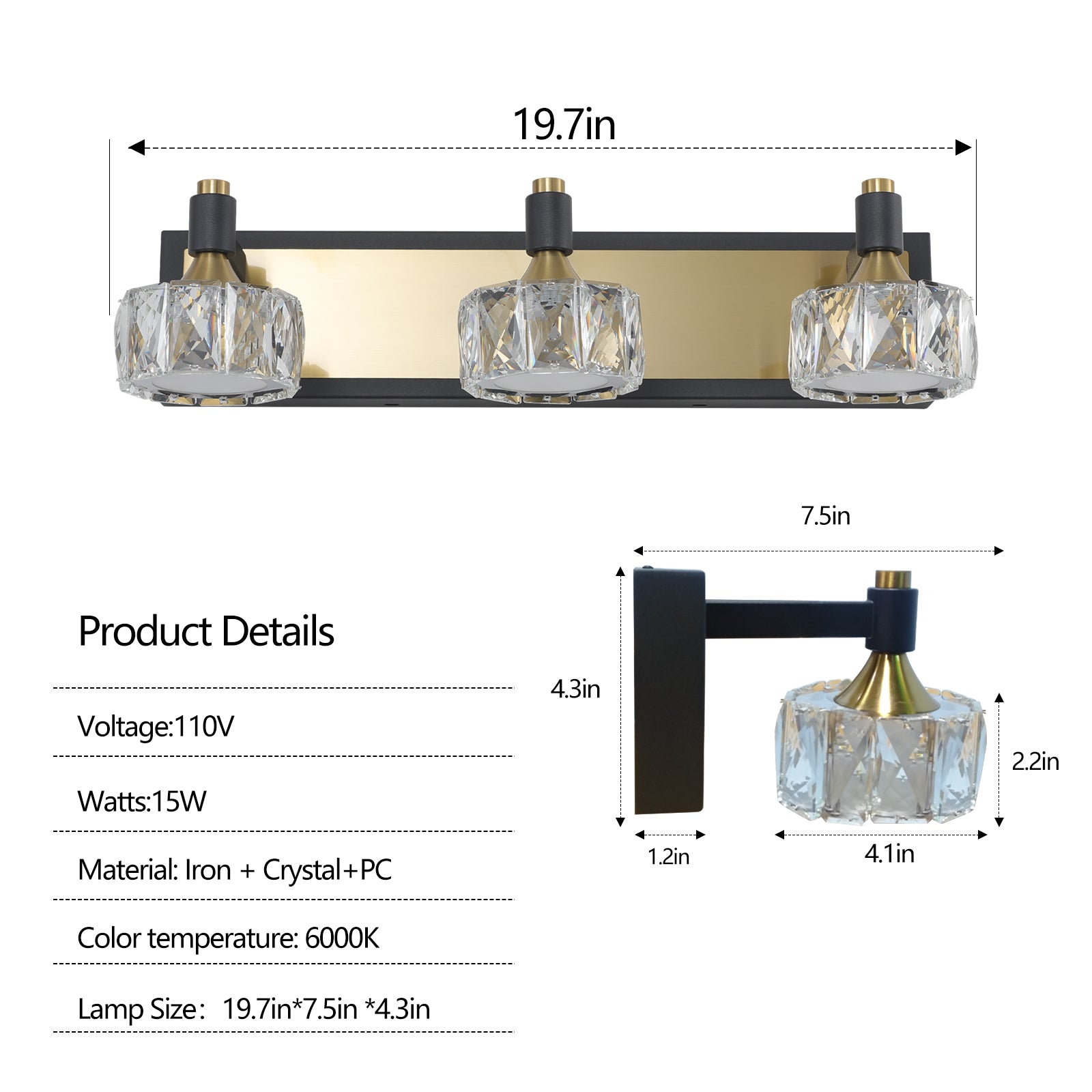Lampada Bagno LED 3 Luci Cristallo