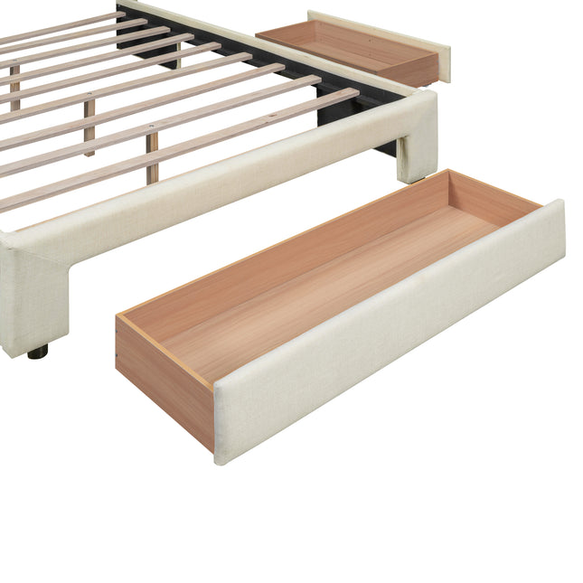 Full Size Upholstered Platform Bed with One Large Drawer in the Footboard and Drawers on Each Side, Beige