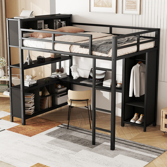 Metal loft bed with wardrobe and L-shaped desk, full-size loft bed with storage cabinet and shelf, heavy-duty loft bed, black Default Title