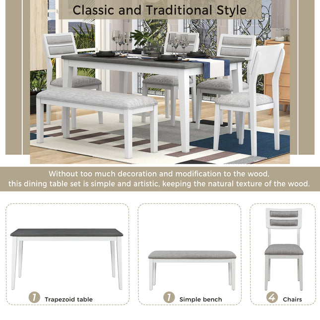 Classic 6-Piece Dining Set, Table, 4 Chairs & Bench (White/Gray)