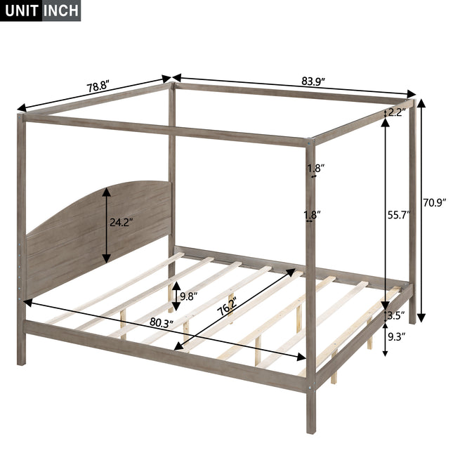 King Size Canopy Platform Bed with Headboard and Support Legs – Brown Wash Finish