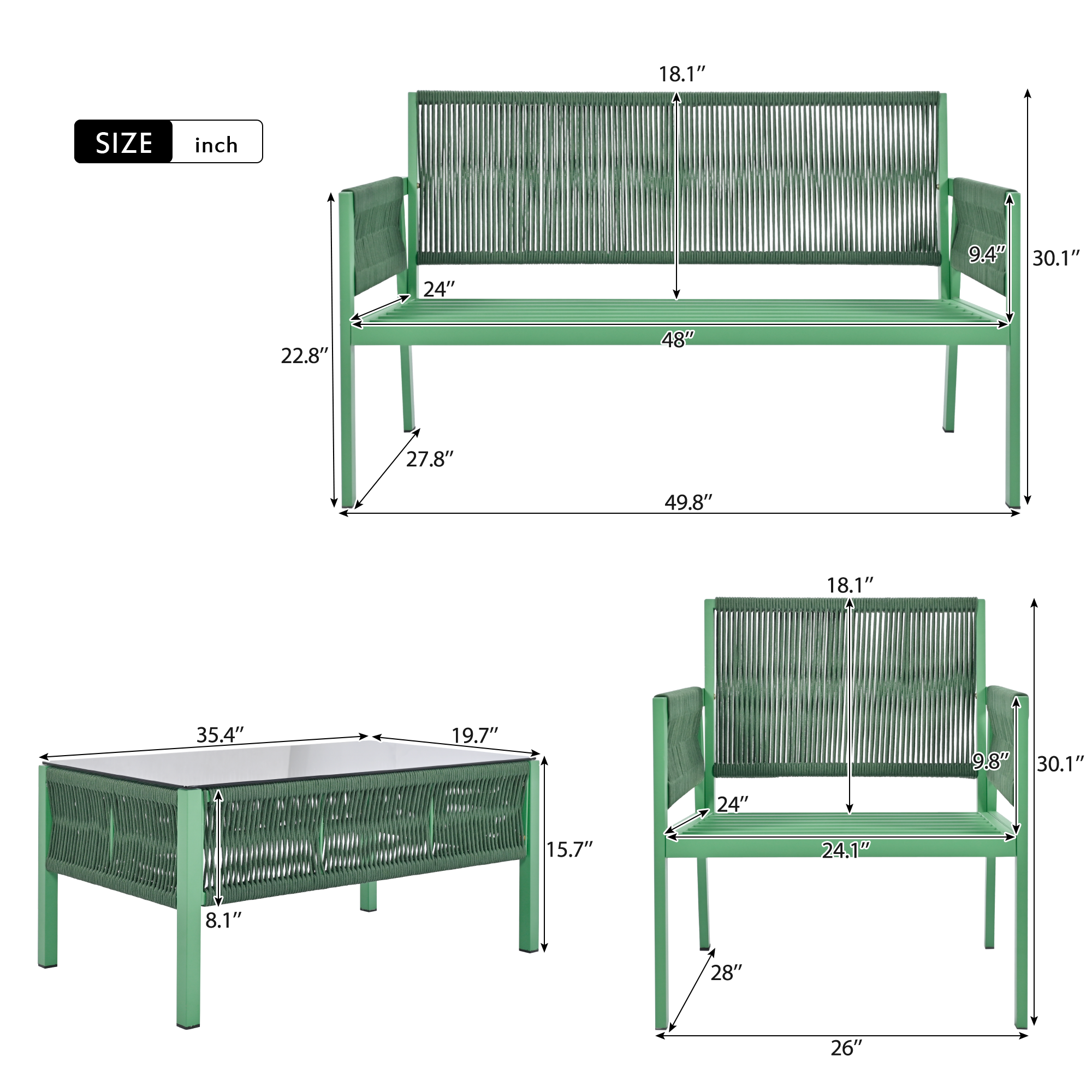 Set Patio Corda 4 Pezzi Verde Giallo
