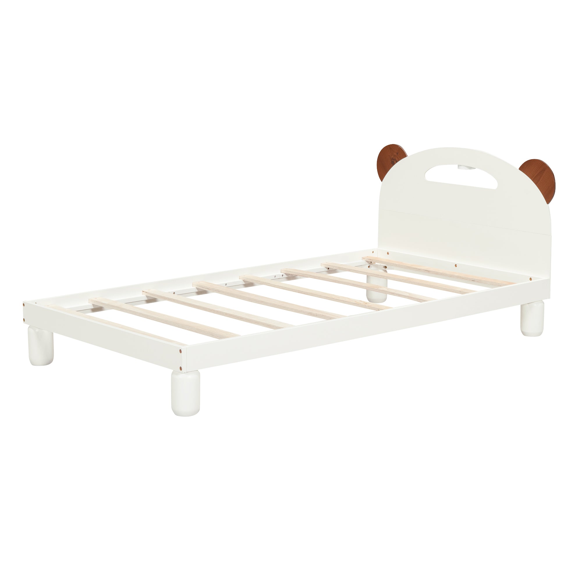 Letto Singolo in Legno con Testiera a Orecchie di Orso e LED - Bianco Crema