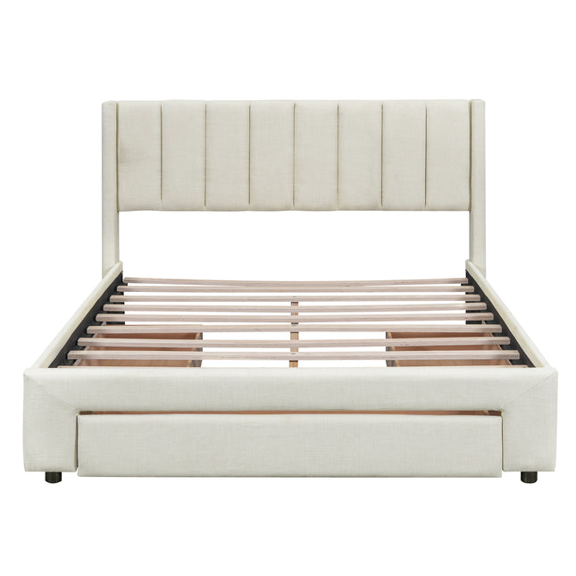 Full Size Upholstered Platform Bed with One Large Drawer in the Footboard and Drawers on Each Side, Beige