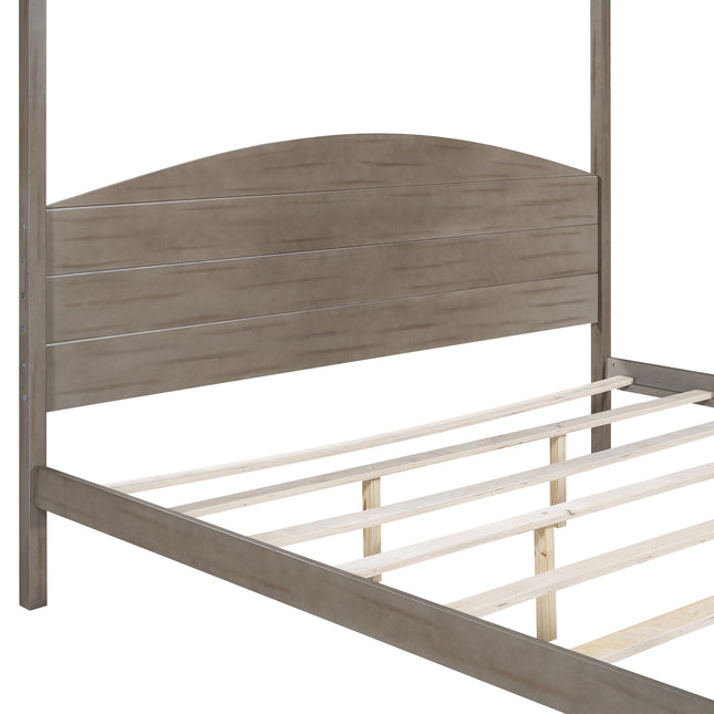 King Size Canopy Platform Bed with Headboard and Support Legs – Brown Wash Finish
