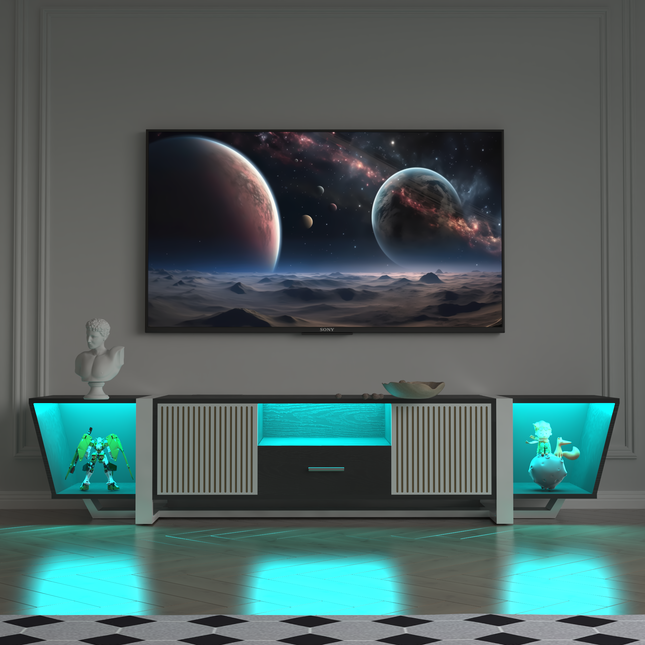 TV Console with Storage Cabinet – Dual Flat LED TV Stand with Remote Control and Multi-Mode Light, Black